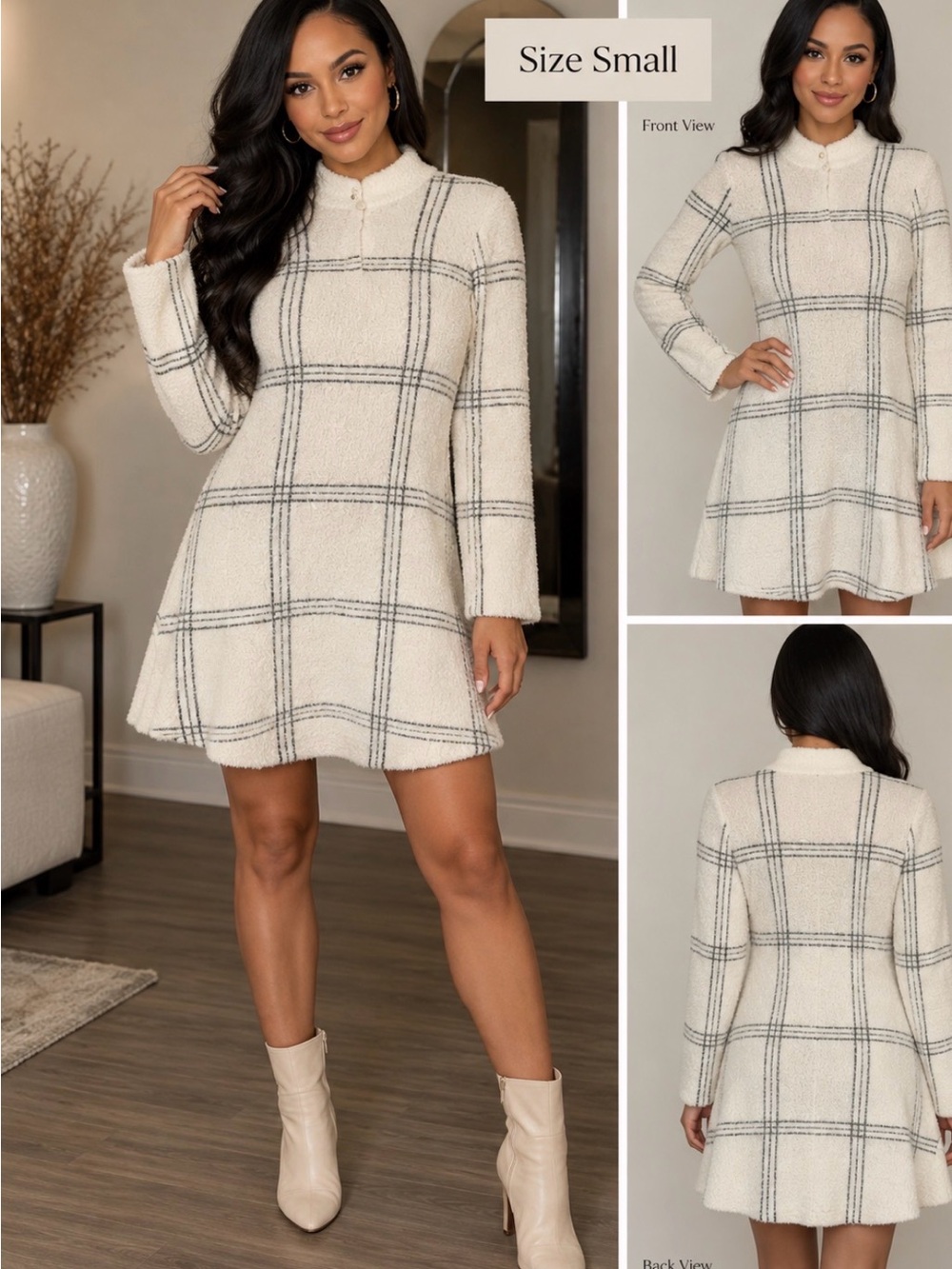 Chelsea & Violet Ivory Plaid A-Line Mock Neck Dress